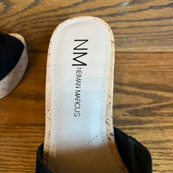 Neiman Marcus Black Suede Cork-Heeled Platform Sandals- SIZE 8M - Picture 5 of 11